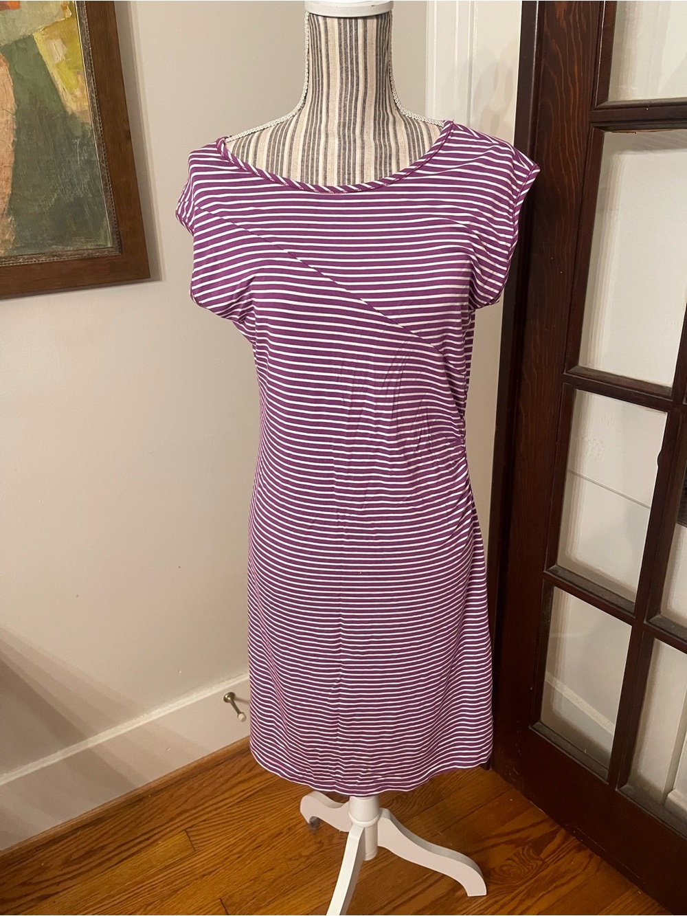 Yala Purple and White Striped Cap-Sleeve Dress